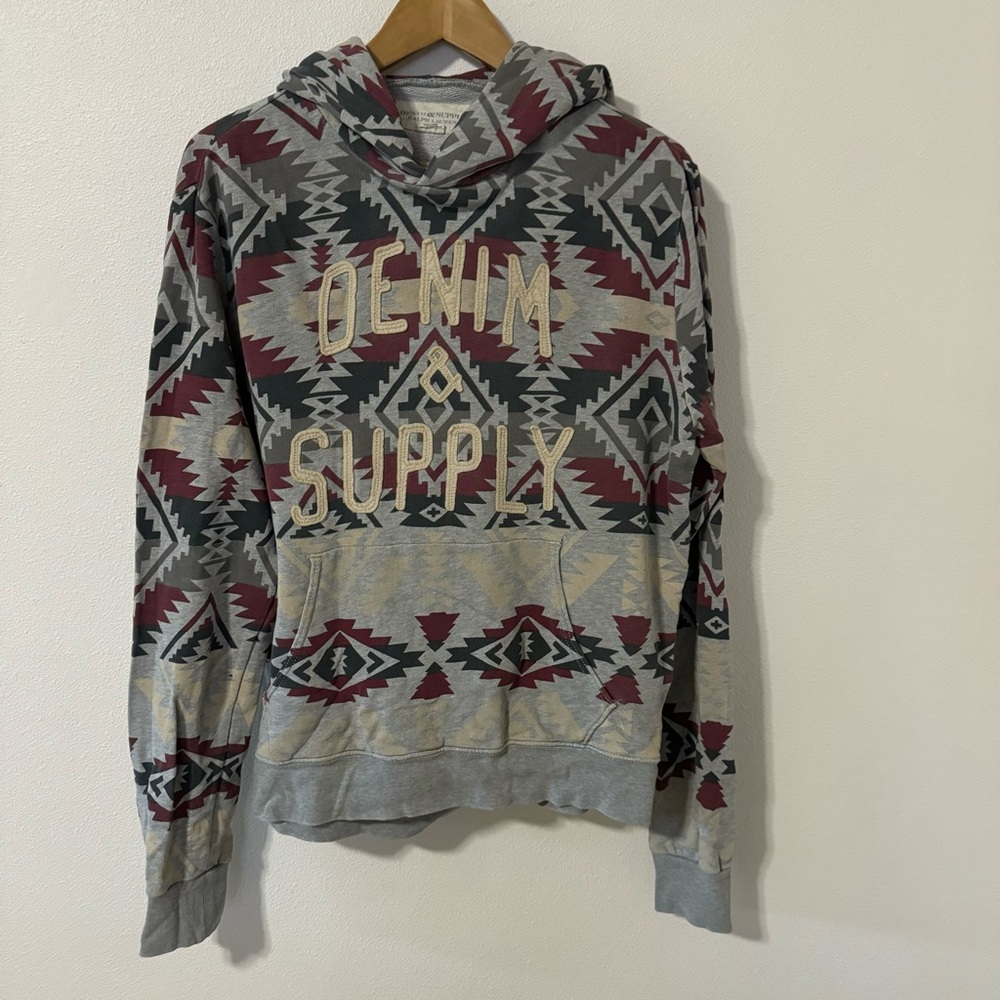 Denim & Supply Ralph Lauren Southwestern Aztec Print Spellout Hoodie Gray-M